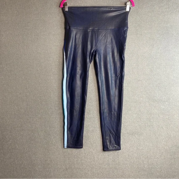 SPANX Faux Leather Navy/Cool Blue Track Stripe Leggings Size L - Picture 2 of 7